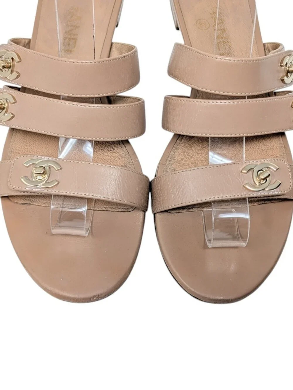 Chanel Beige Nude Interlocking CC Silver Turnlock Slide Mule Sandals Size EU 39